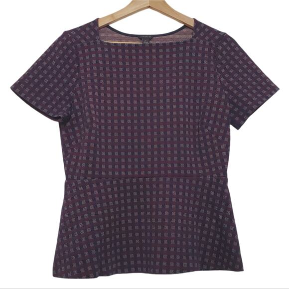 Ann Taylor | Peplum Square Neckline Checkered Short Sleeve Structured Top - Picture 1 of 7